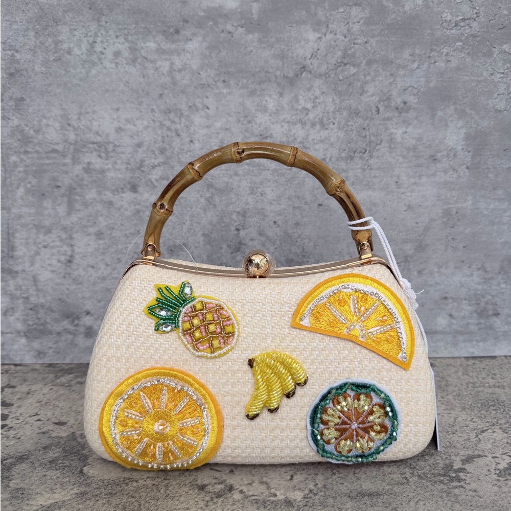 NWT Beaded Tropical Fruit Top-Handle Bag in Cream